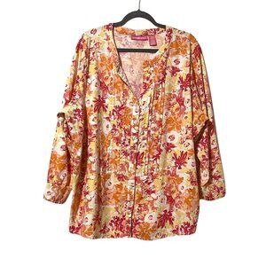 Woman Within Floral Watermelon Print Button-Down Tunic Top 2X Linen Blend